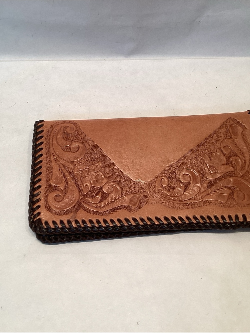 Vintage Hand Tooled Leather Check Book Folio Whip Stitch  NEW Old Stock